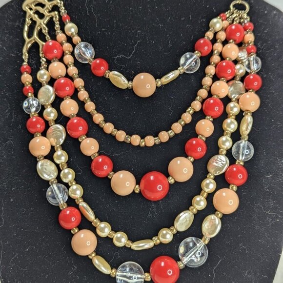 NRT Freshwater & Faux Pearl Necklace Coral Acrylic Beads Multi Strands - Picture 6 of 7